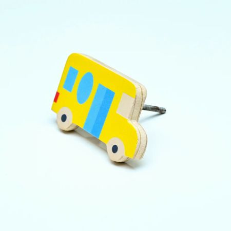 Handmade Pine Wood Yellow Bus Knob for Kids Furniture